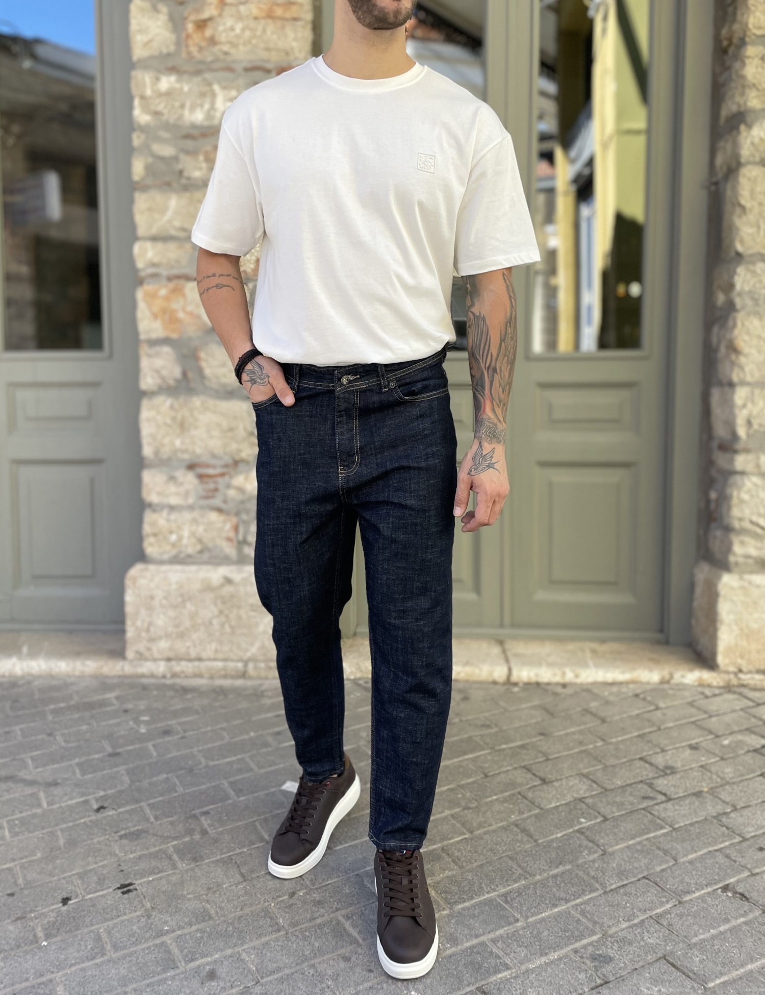 Ανδρικό σκούρο μπλε ελαστικό loose τζιν πεντάτσεπο με φερμουάρ G88104 φωτογραφία